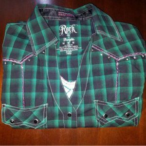 Rock 47 Wrangler M Green Western Jewel Snap Embroidered Rhinestone Womens Blouse